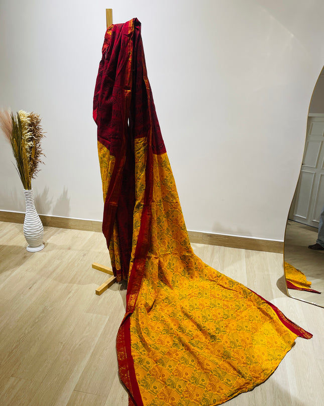 Women's Pure Cotton  Yellow & Red Work Saree