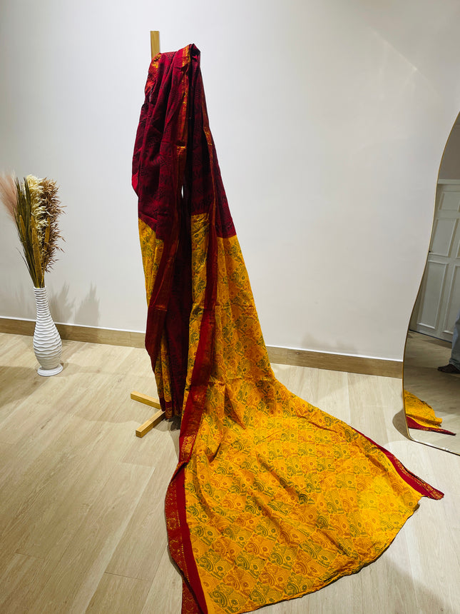 Women's Pure Cotton  Yellow & Red Work Saree