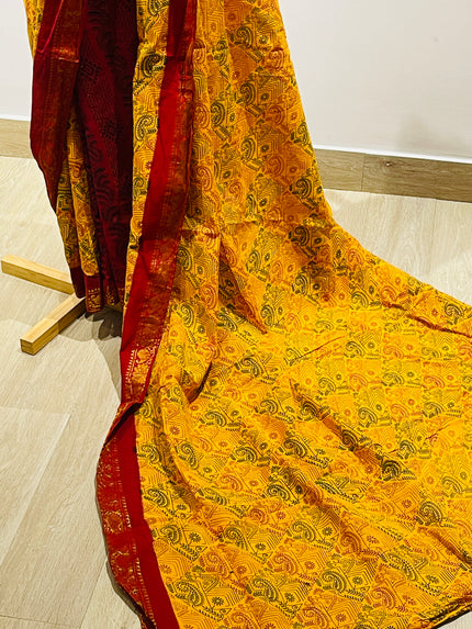 Women's Pure Cotton  Yellow & Red Work Saree
