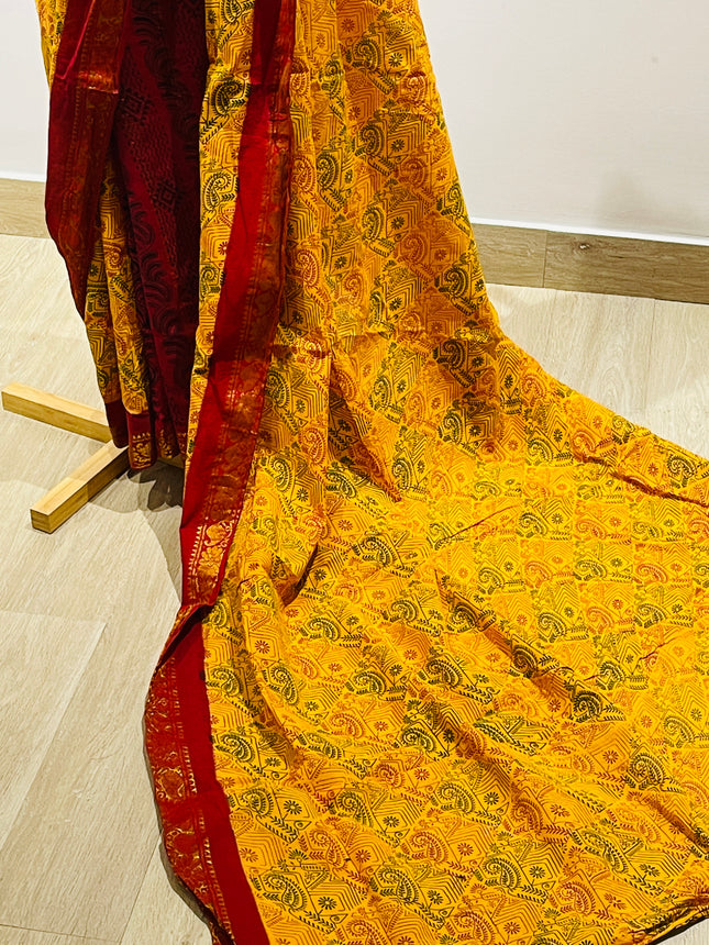 Women's Pure Cotton  Yellow & Red Work Saree
