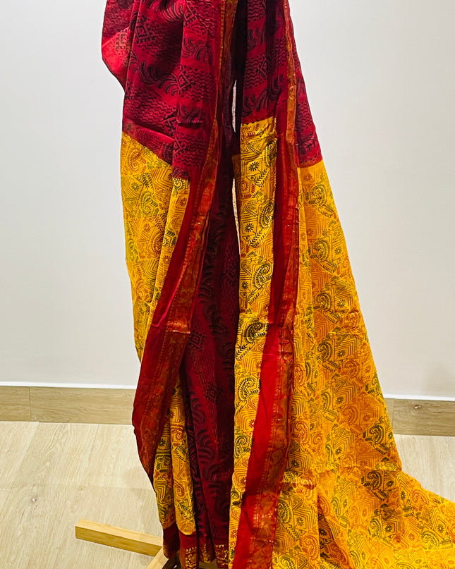 Women's Pure Cotton  Yellow & Red Work Saree
