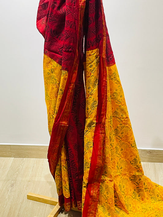 Women's Pure Cotton  Yellow & Red Work Saree