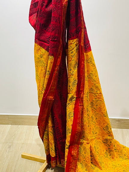 Women's Pure Cotton  Yellow & Red Work Saree