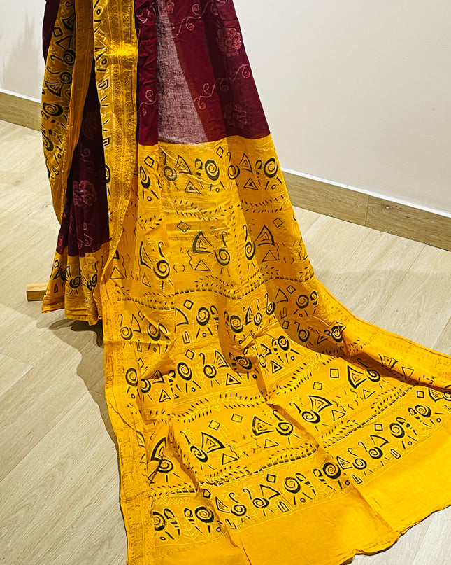 Women's Printed Bandhani Art  Cotton Saree  (Red, Yellow)