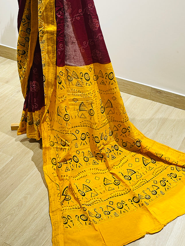 Women's Printed Bandhani Art  Cotton Saree  (Red, Yellow)