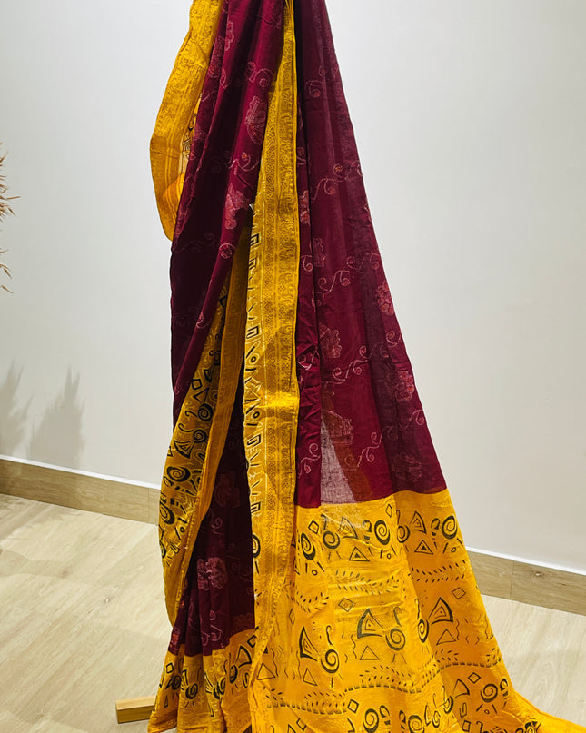 Women's Printed Bandhani Art  Cotton Saree  (Red, Yellow)