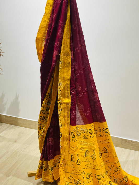 Women's Printed Bandhani Art  Cotton Saree  (Red, Yellow)