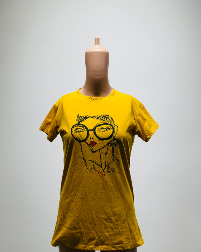 Women's Graphic Print Round Neck Pure Cotton Yellow T-Shirt - S Size