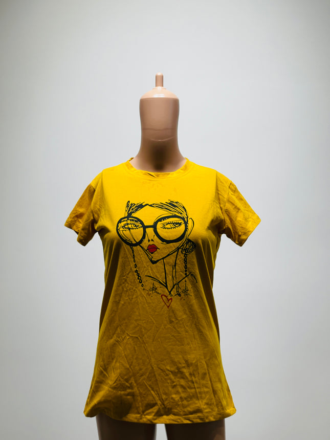 Women's Graphic Print Round Neck Pure Cotton Yellow T-Shirt - S Size