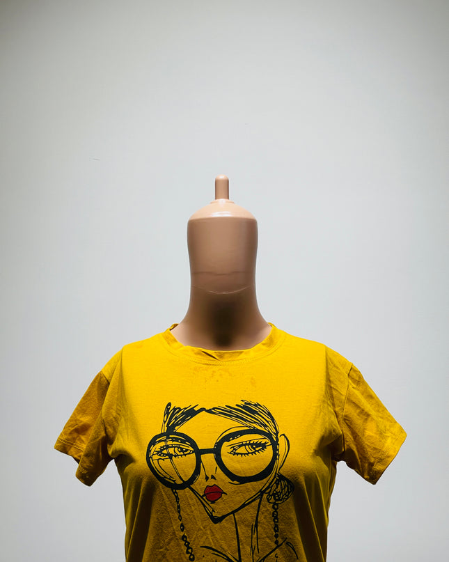 Women's Graphic Print Round Neck Pure Cotton Yellow T-Shirt - S Size