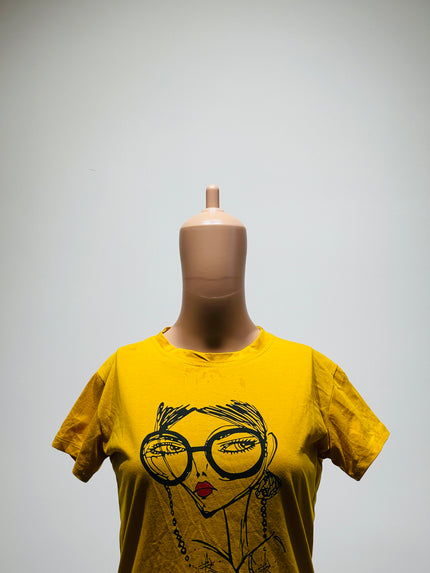 Women's Graphic Print Round Neck Pure Cotton Yellow T-Shirt - S Size