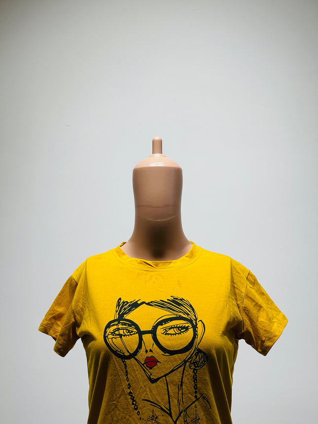 Women's Graphic Print Round Neck Pure Cotton Yellow T-Shirt - S Size