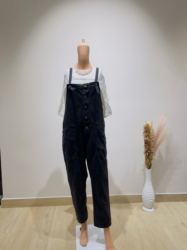 MANGO Women's Regular Denim Black Dungaree - M Size