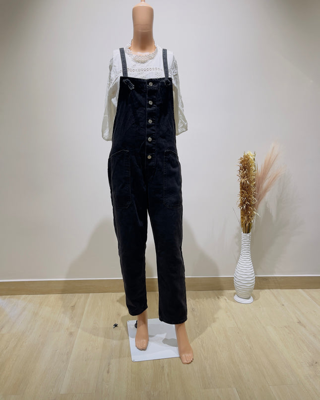 Women's Black Skinny High Regular Denim Dungaree with Pockets