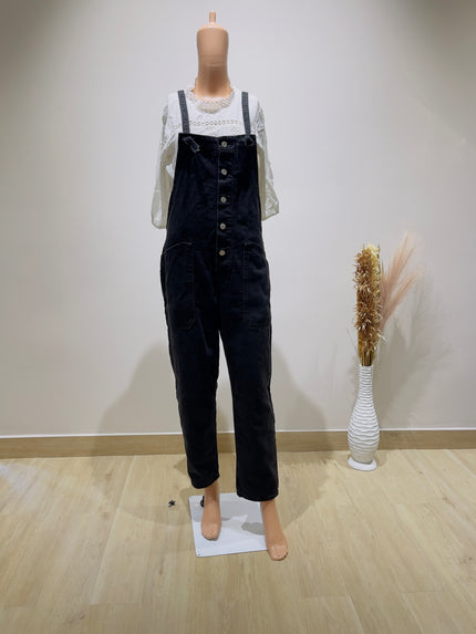 Women's Black Skinny High Regular Denim Dungaree with Pockets