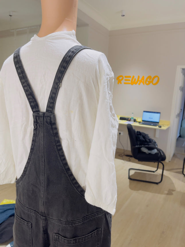 MANGO Women's Regular Denim Black Dungaree - M Size