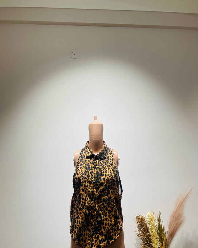 ROBERTO CAVALLI Women's Animal Printed Yellow Collar Shirt - L Size