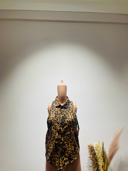 ROBERTO CAVALLI Women's Animal Printed Yellow Collar Shirt - L Size