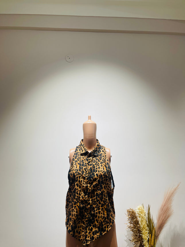 ROBERTO CAVALLI Women's Animal Printed Yellow Collar Shirt - L Size