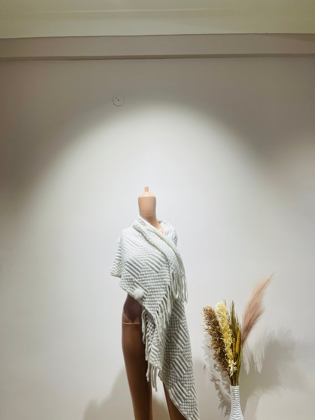 Women's Wool Blend White Poncho Muffler