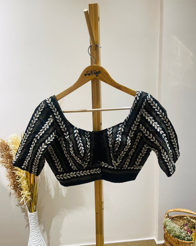 Women's Embroideredt V-Neck Black Blouse - M Size