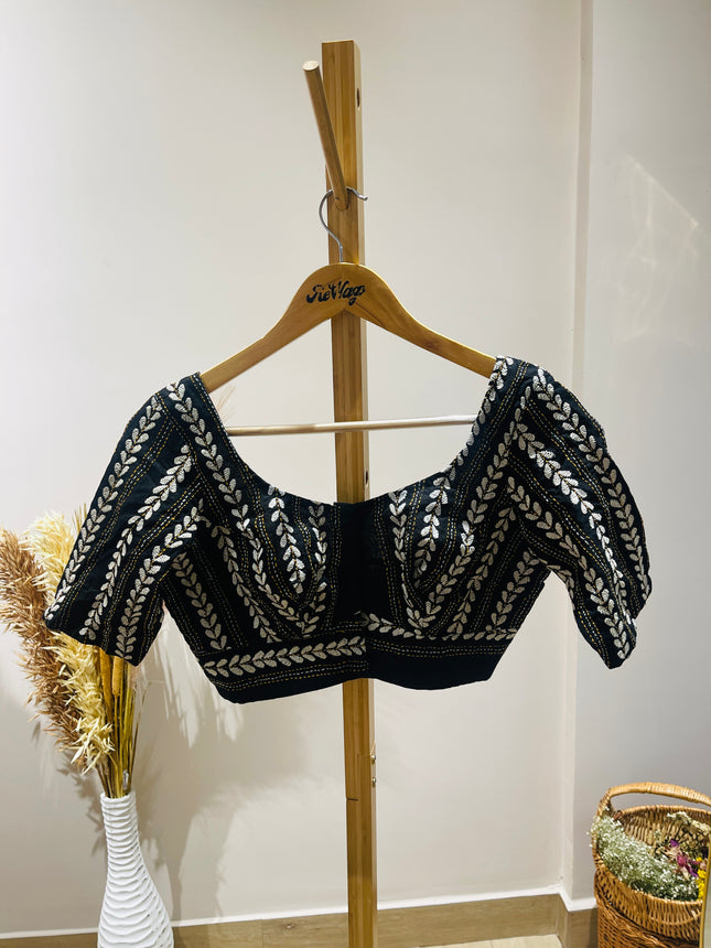 Women's Embroideredt V-Neck Black Blouse - M Size