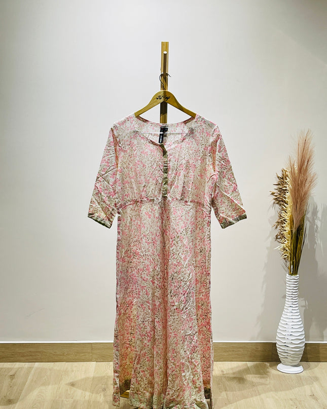 JUGALBANDHI Womens Floral Printed Pink and White Kurta - XL Size