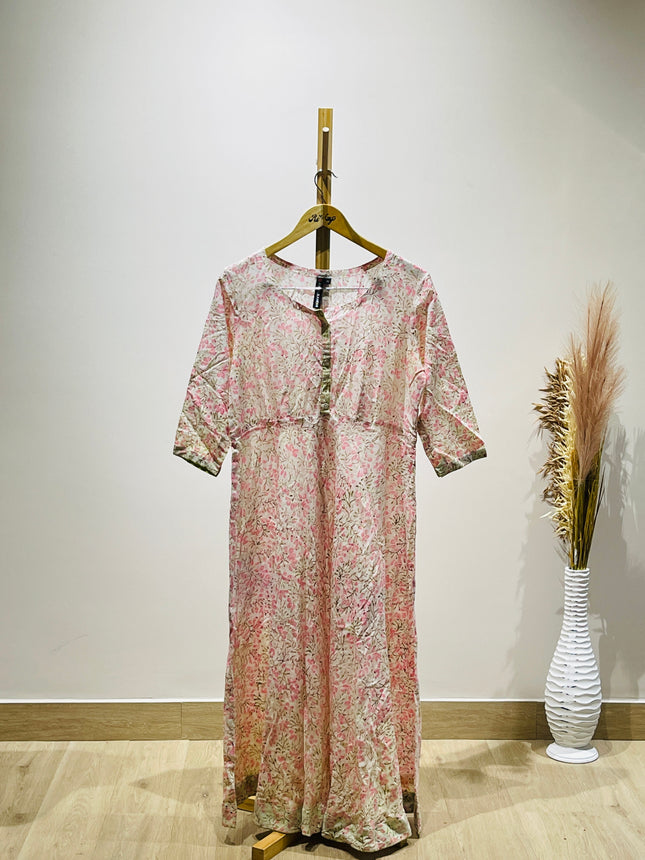 JUGALBANDHI Womens Floral Printed Pink and White Kurta - XL Size