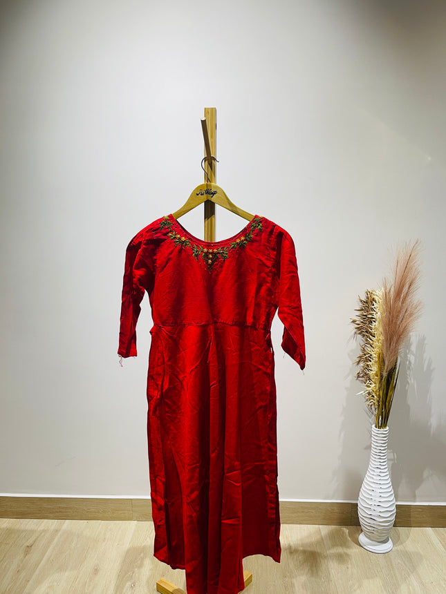 Womens Red Floral Neck Kurta - S Size