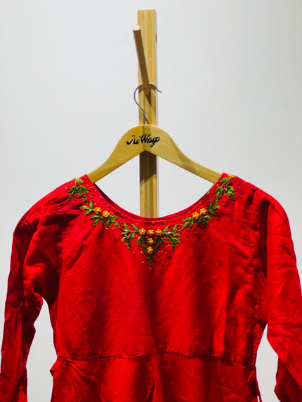 Womens Red Floral Neck Kurta - S Size