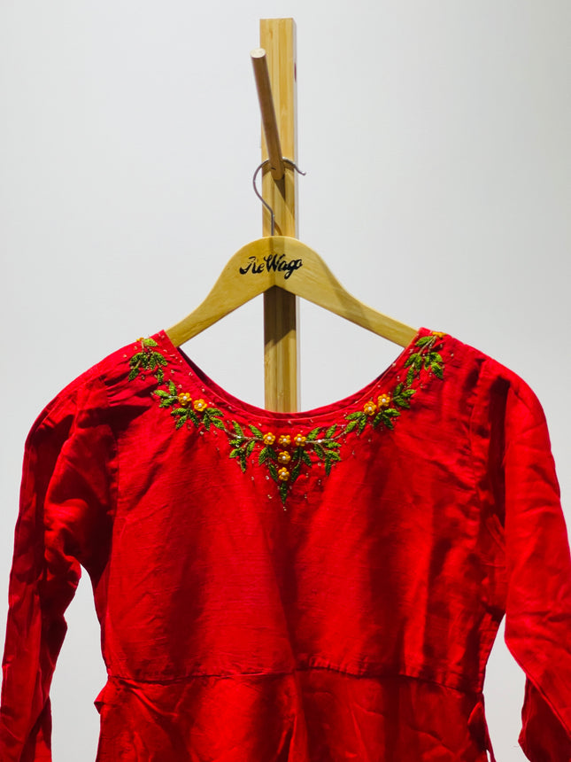 Womens Red Floral Neck Kurta - S Size