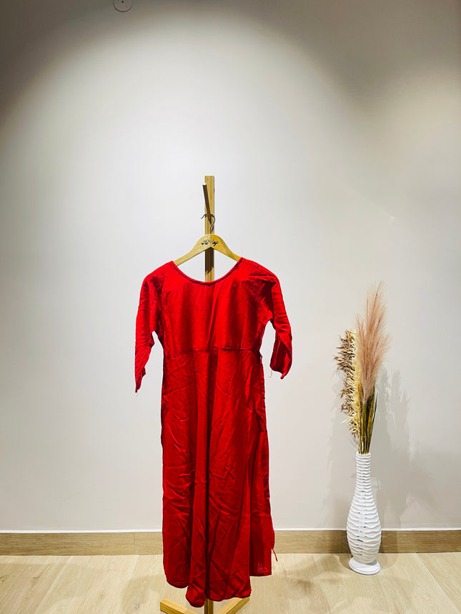 Womens Red Floral Neck Kurta - S Size