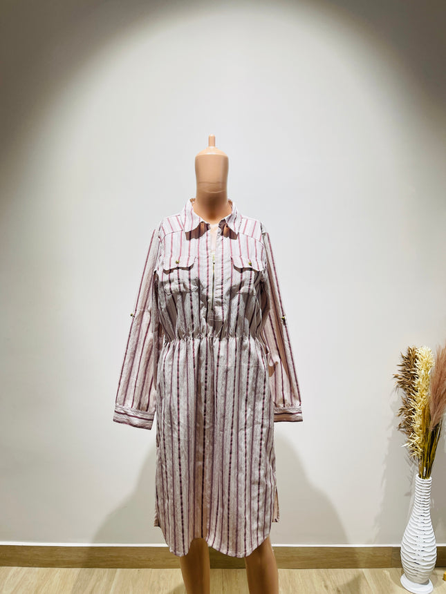 FIG Womens Pink and White Striped Dress - L Size