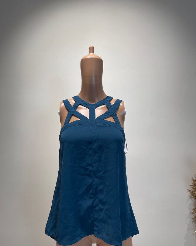 MDS Women's Solid Fit and Flare Blue Top - S Size