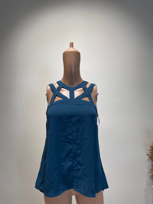 MDS Women's Solid Fit and Flare Blue Top - S Size