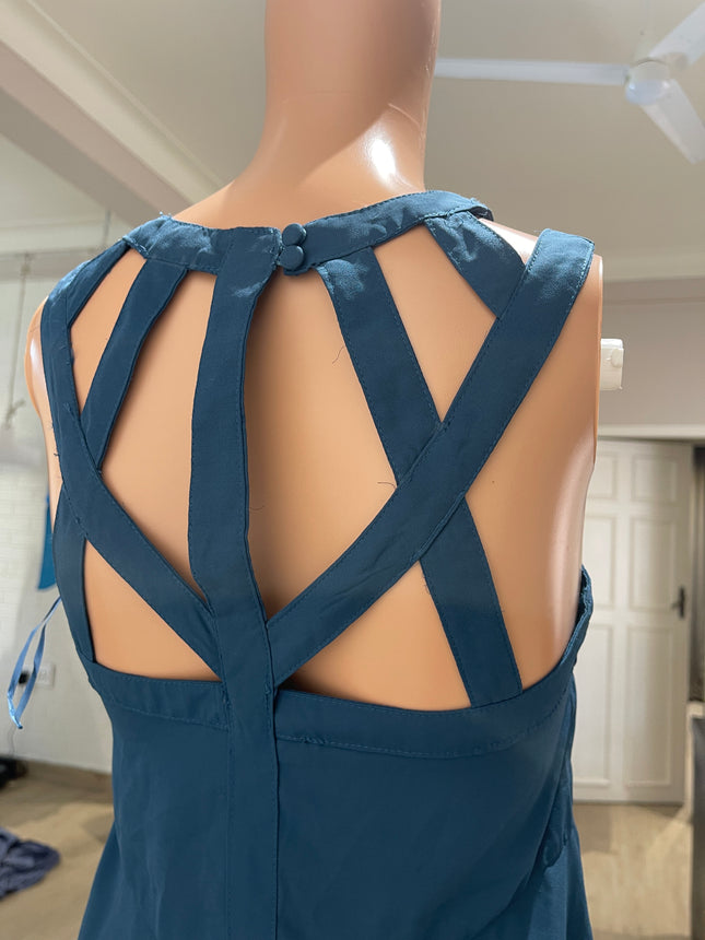 MDS Women's Solid Fit and Flare Blue Top - S Size