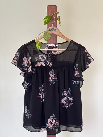 Women's  Floral Printed Black Top - M Size