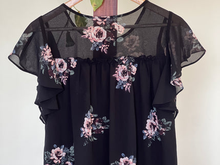 Women's  Floral Printed Black Top - M Size