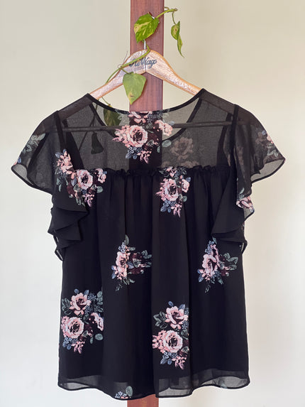 Women's  Floral Printed Black Top - M Size