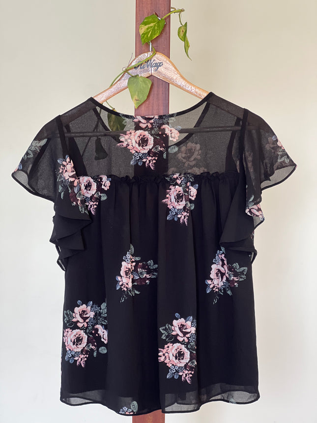 Women's  Floral Printed Black Top - M Size