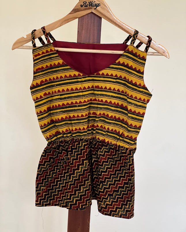Women's Sleeveless Printed Cotton Yellow Top - S Size