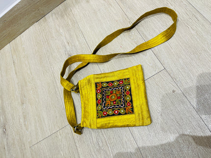Women's  Yellow Handcrafted Textile Sling Bag
