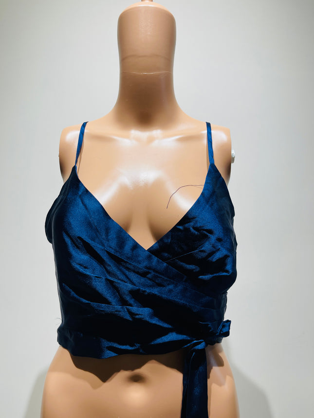 Women's  Satin Blue Wrap-Style Crop Top - S Size [NEW]