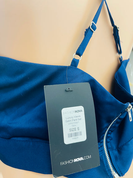 Women's  Satin Blue Wrap-Style Crop Top - S Size [NEW]