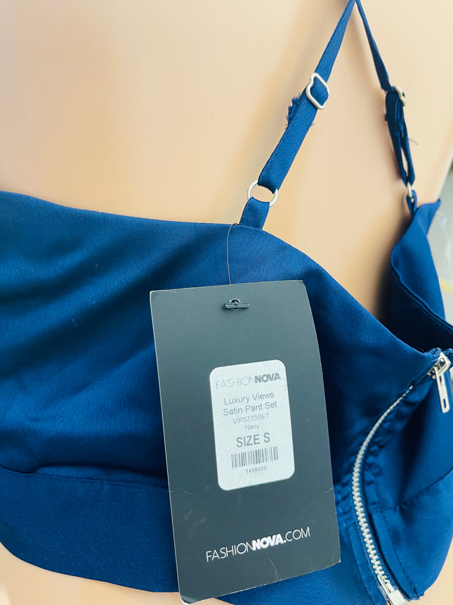 Women's  Satin Blue Wrap-Style Crop Top - S Size [NEW]