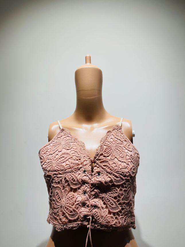 Women's Floral Crochet Lace-Up Bustier Cami Top - M Size