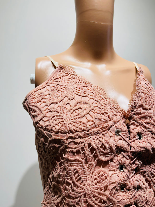 Women's Floral Crochet Lace-Up Bustier Cami Top - M Size