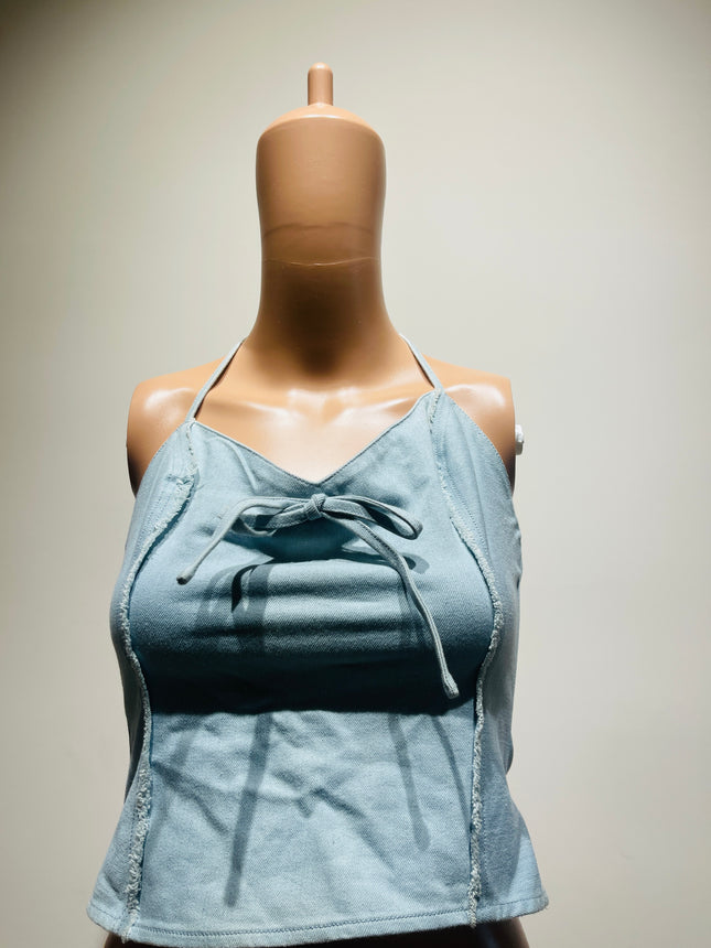 FASHIONNOVA Women's  Western Stylish Fringed  Tie-up Denim Crop Top - S Size