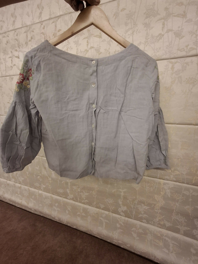 Akkriti by Pantaloons Grey Cotton Embroidered Top Size S