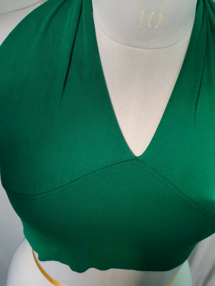Women's Stretchy Knitted Halter Neck Green Crop Top. - S Size